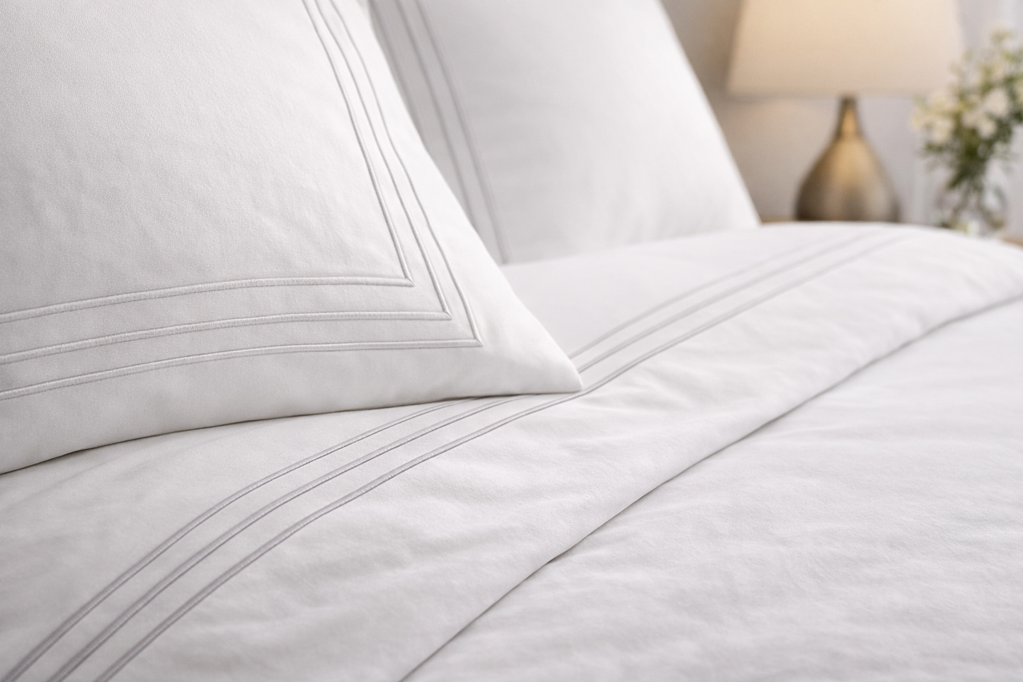Seraluna Luxe 400 Thread Count 100% Cotton Bedding Set – Crisp White with White or Silver Bratta Stitch