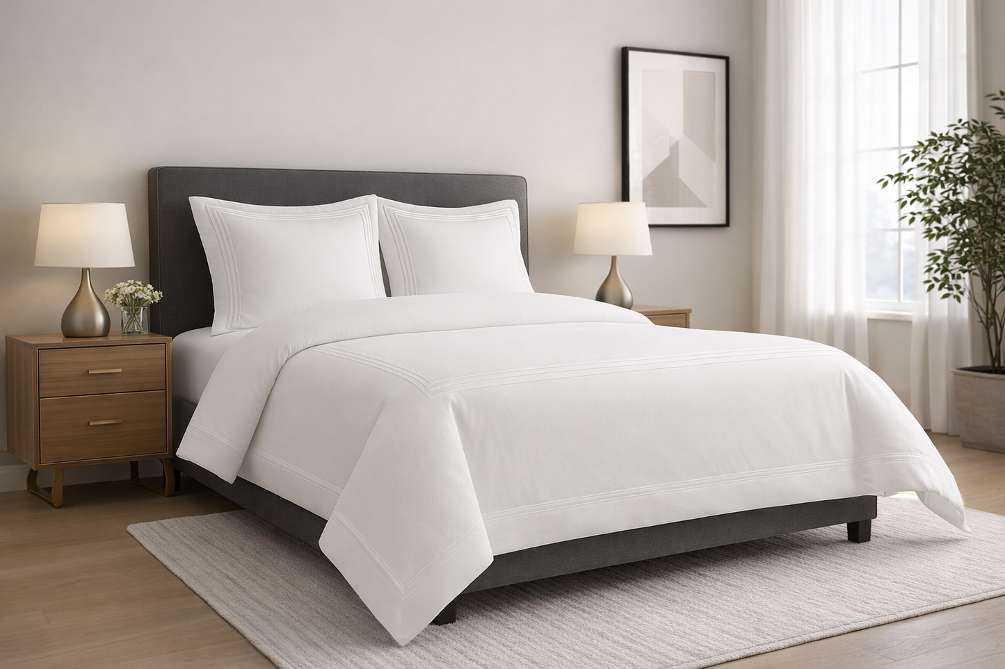 Seraluna Luxe 400 Thread Count 100% Cotton Bedding Set – Crisp White with White or Silver Bratta Stitch