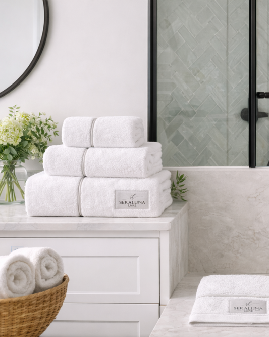 Seraluna Luxe 100% Cotton Towel Collection – Crisp White with Silver Embroidery